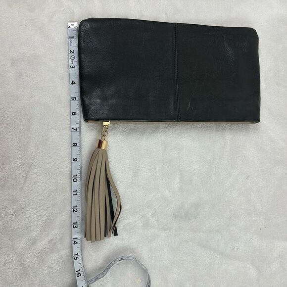 Halogen Colorblock Leather Clutch Black And Tan Top Zipper With Tassle - Picture 9 of 9